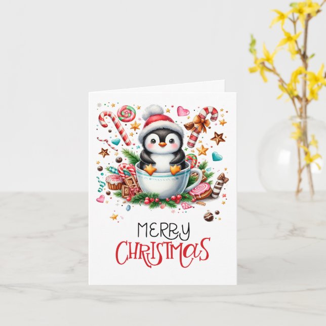 Tarjeta de Navidades Cute Penguin (flor amarilla)