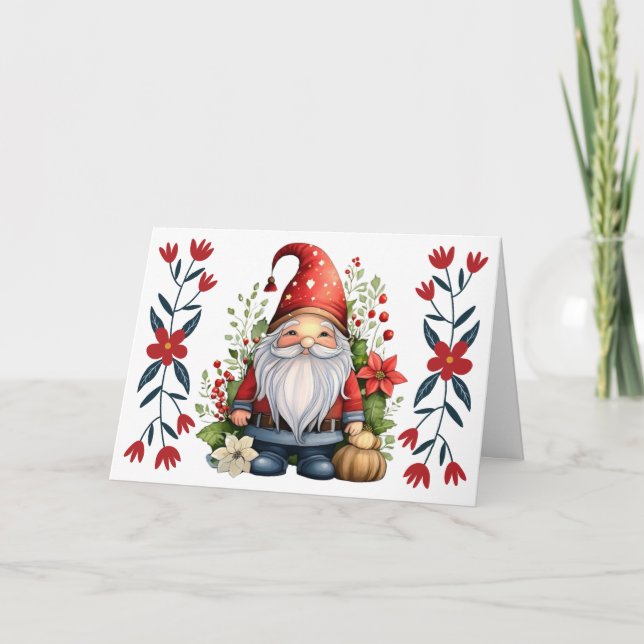 Tarjeta de Navidades Cute Santa Gnome y Florals Bl (Anverso)