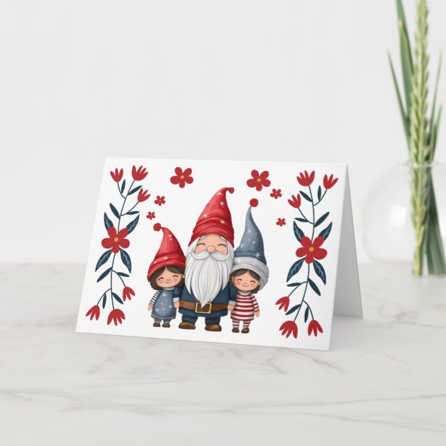 Tarjeta de Navidades Cute Santa Gnome y Florals Bl (Anverso)