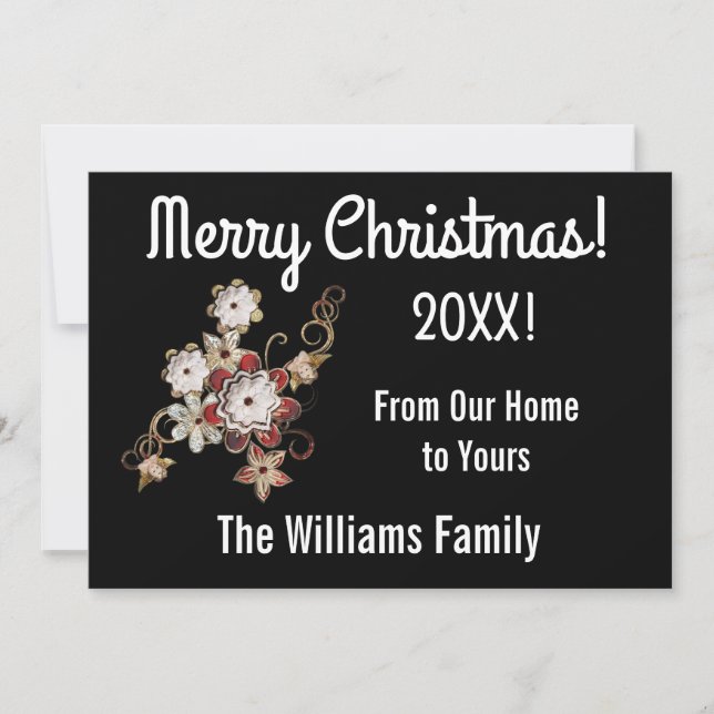 Tarjeta de Navidades de ángeles, joyas y flores es (Anverso)