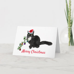 Tarjeta de Navidades de árbol de gatos de Tuxedo