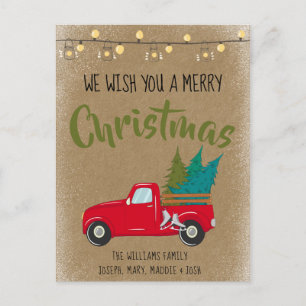 Tarjeta de Navidades de árbol y camionetas rojas a