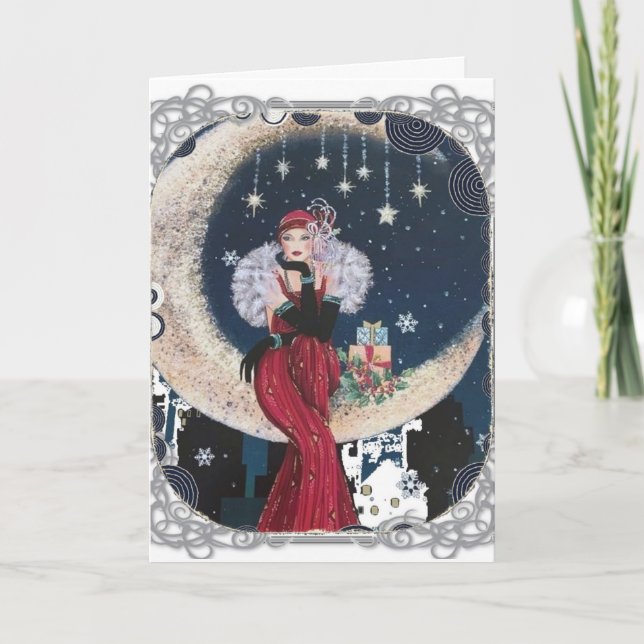 Tarjeta De Navidades De Art Déco En La Luna (Anverso)