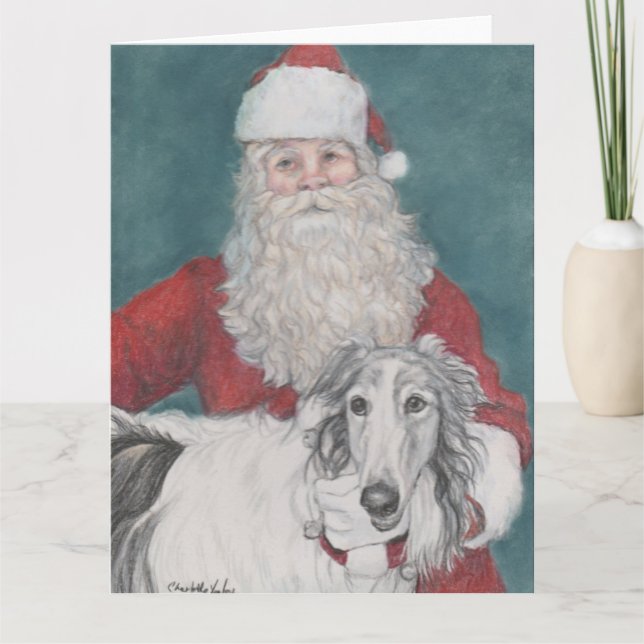 Tarjeta de Navidades de arte de Borzoi y Santa Dog (Anverso)