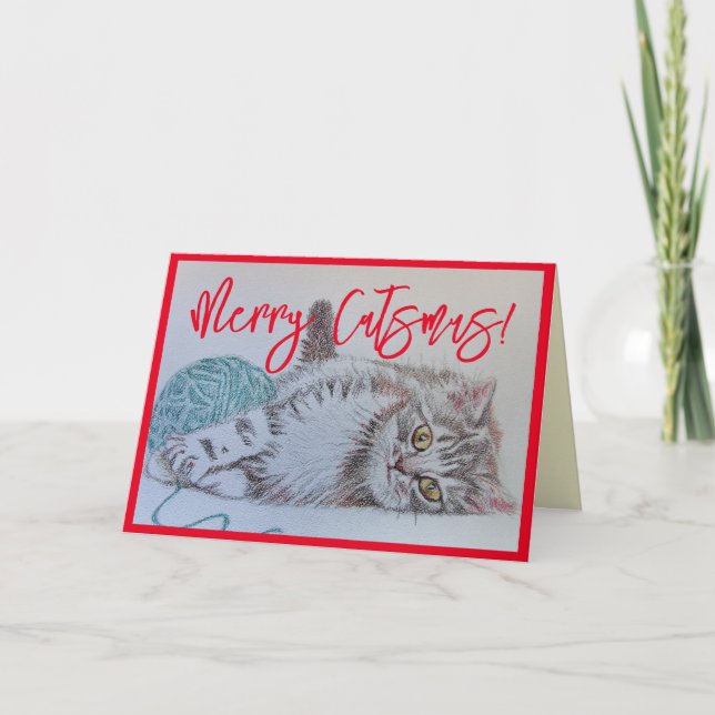 Tarjeta de Navidades de arte de gatitos grisáceos  (Anverso)