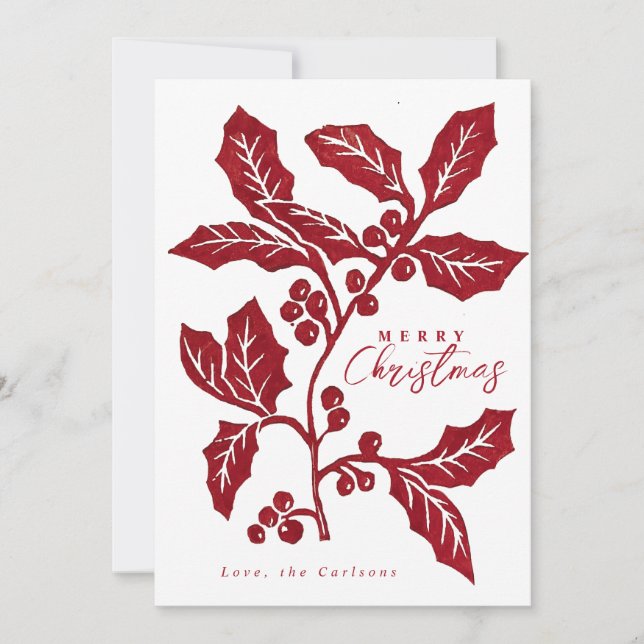 Tarjeta de Navidades de arte holly de linocut crea (Anverso)