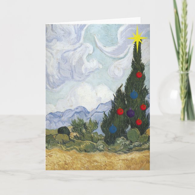 Tarjeta de Navidades de artista Van Gogh Cypress (Anverso)