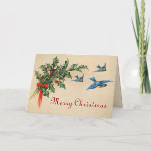 Tarjeta de Navidades de aves azules de época