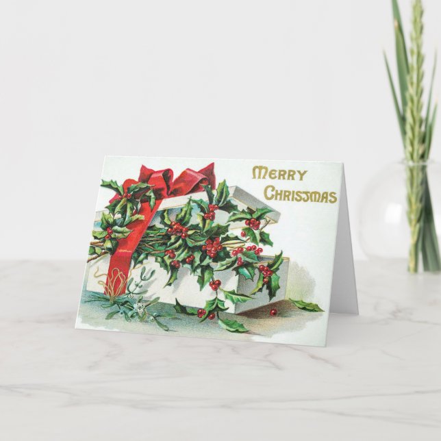 Tarjeta de Navidades de barro rojo holly y present (Anverso)