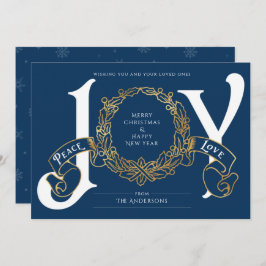Tarjeta de Navidades de Blue Gold Joy Peace Love P