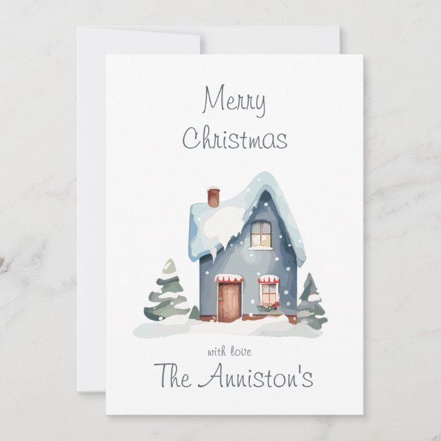 Tarjeta de Navidades de Blue Watercolor House (Anverso)