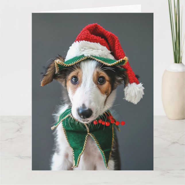 Tarjeta de Navidades de Borzoi Elf Puppy (Anverso)
