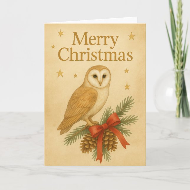 Tarjeta de Navidades de búho y pino (Anverso)