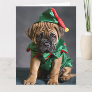 Tarjeta de Navidades de Bull Mastiff Elf Puppy