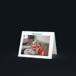 Tarjeta de Navidades de Bull Terrier con Snowman<br><div class="desc">¡Merry Woofmas de la pequeña patrona favorita de Santa! En la hermosa tarjeta plegable se incluye una foto de Rocky vestido con un puente Navidad con una muñeca de muñeco de nieve y algunos regalos a su lado.</div>