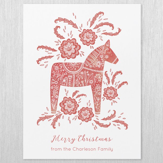 Tarjeta de Navidades de Caballos de Dala Sueca (Swedish Dala Horse personalized magnetic Christmas card)
