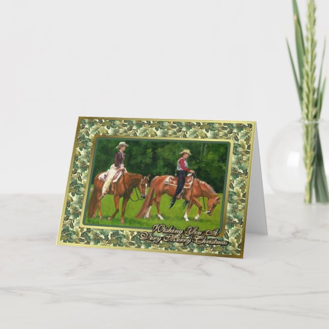Tarjeta de Navidades de caballos Western Plasure Q (Anverso)