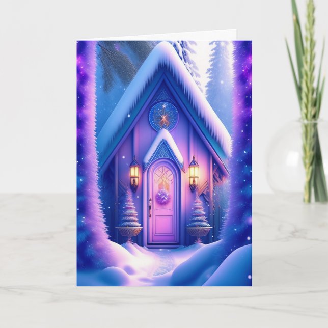 Tarjeta de Navidades de cabaña rosa y de lavanda (Anverso)