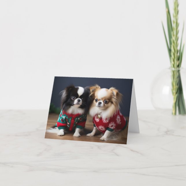 Tarjeta de Navidades de cachorros chinos japoneses (Anverso)