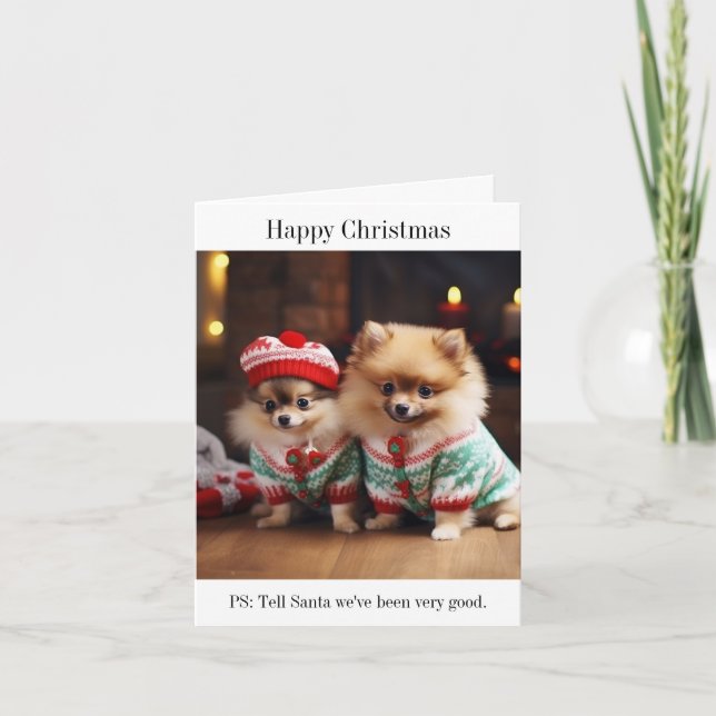 Tarjeta de Navidades de cachorros de Pomerania (Anverso)
