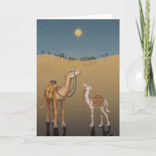 Tarjeta de Navidades de camellos pequeños en Belén (Anverso)