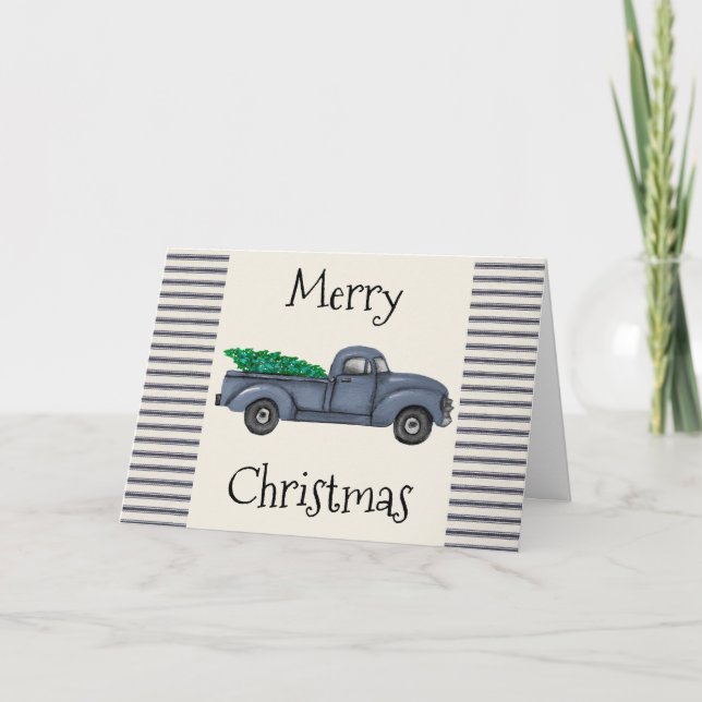 Tarjeta de Navidades de camionetas azul de vintage (Anverso)