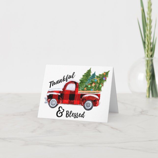 Tarjeta de Navidades de camionetas rojas de época (Anverso)
