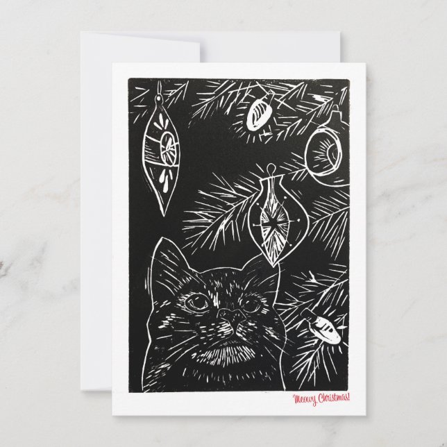 Tarjeta de Navidades de Cat Linocut (Anverso)