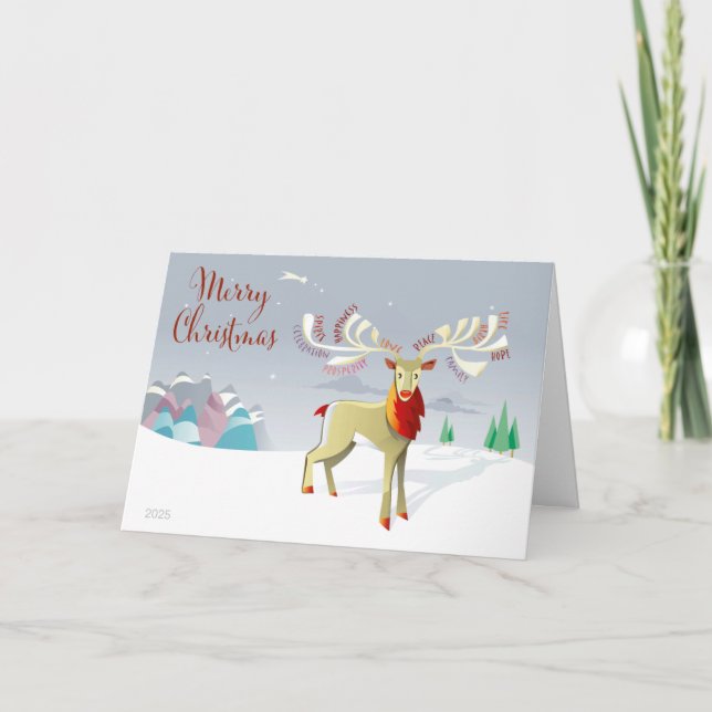 Tarjeta de Navidades de ciervos festivos con mensa (Anverso)