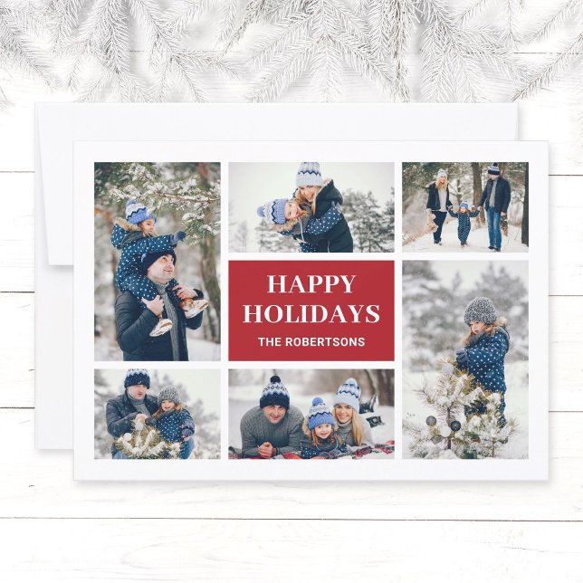 Tarjeta de Navidades de Collage de fotos 8 de la f (Modern, elegant family in winter photo collage Christmas greeting card in red, Happy Holidays.)