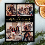 Tarjeta de Navidades de Collage de fotos Black Gol<br><div class="desc">Elegante caligrafía moderna negro y dorado 5 Collages de fotos Merry Christmas Script Tarjeta de vacaciones. Esta festividad simple minimalista de cinco (5) foto plantilla de tarjeta de saludo de vacaciones presenta un collage de fotos de la bonito y dice "Feliz Navidad"! El texto de bienvenida de "Feliz Navidad" está...</div>