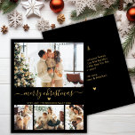 Tarjeta de Navidades de Collage de fotos Black Gol<br><div class="desc">Presupuestación Elegante Moderno Guión Negro y Oro Corazón 4 Collage de fotos Feliz Navidad Script Tarjeta Delgada. Nota: más delgada que la postal! Esta festividad mínima de cuatro (4) plantillas de tarjetas de vacaciones fotográficas presenta un collage de fotos de bonito, un pequeño corazón de doodle y dice ¡Feliz Navidad!...</div>