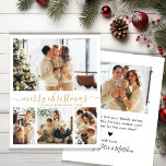 Tarjeta de Navidades de Collage de fotos Budget Go<br><div class="desc">Presupuestado Minimalista Elegante caligrafía de oro 4 Collage de fotos Feliz Navidad Script Tarjeta de vacaciones. Esta festividad, simple, plantilla de cuatro (4) fotos de tarjetas de vacaciones presenta un collage de fotos de bonito y dice "Feliz Navidad"! El texto de bienvenida de "Feliz Navidad" está escrito en un hermoso...</div>
