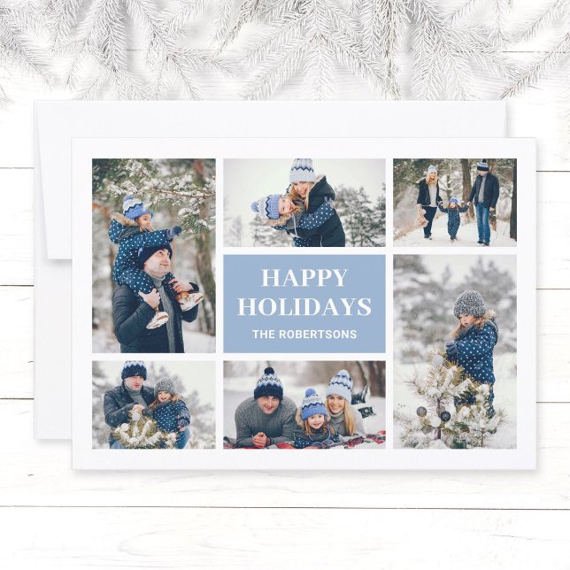 Tarjeta de Navidades de Collage de fotos de la fam (Modern, elegant family in winter photo collage Christmas greeting card in ligh blue, Happy Holidays.)