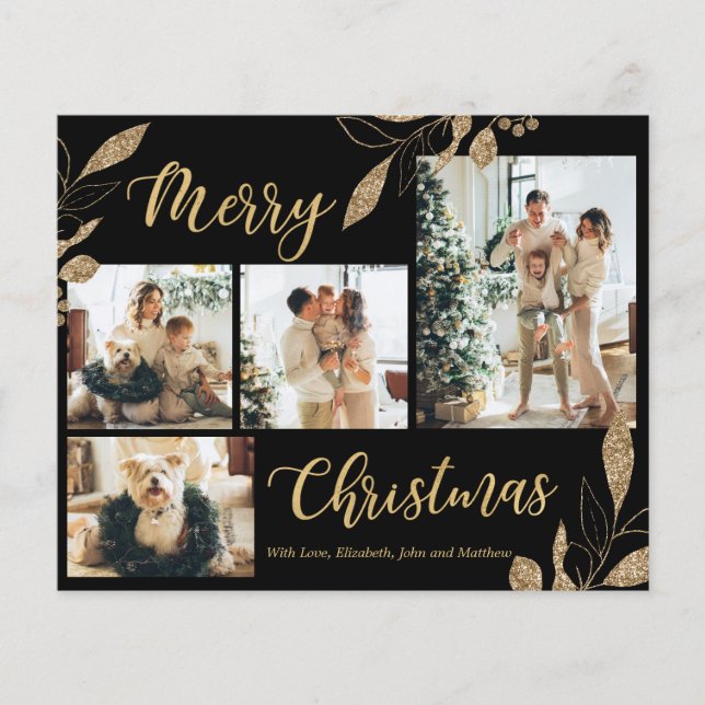 Tarjeta de Navidades de Collage de fotos negro y o (Anverso)