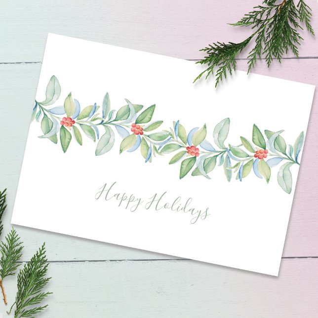 Tarjeta de Navidades de color rojo y verde (Happy Holidays Christmas cards unique watercolor red and green botanical art Victoria Grigaliunas)