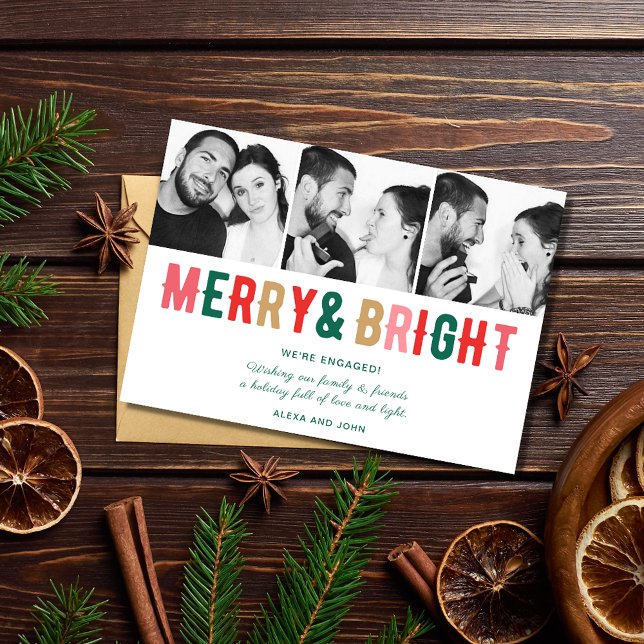 Tarjeta de Navidades de compromiso para mora y bri (Merry and Bright Engagement Christmas Card)