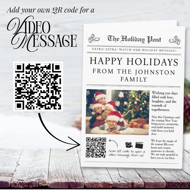 Tarjeta de Navidades de diarios de código QR (Newspaper Christmas Card with QR code for your family video message)