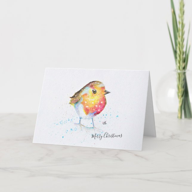 Tarjeta de Navidades de diseño Robin pintado a man (Anverso)