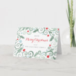 Tarjeta de Navidades de Elegancia Clásica<br><div class="desc">Desplazamientos,  flores y hojas de diseño en tonos verdes,  azules y rojos.  Fondo blanco.  Elegante,  elegante,  colorido - perfecto para enviar saludos de vacaciones a su familia y amigos!  Fácil de personalizar del texto.</div>