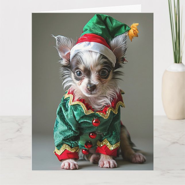 Tarjeta de Navidades de elfo de cachorro chino (Anverso)
