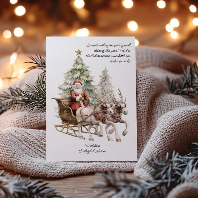 Tarjeta de Navidades de Embarazo Especial Santa (Christmas Card Pregnancy Announcement with traditional santa scene and your special delivery note)