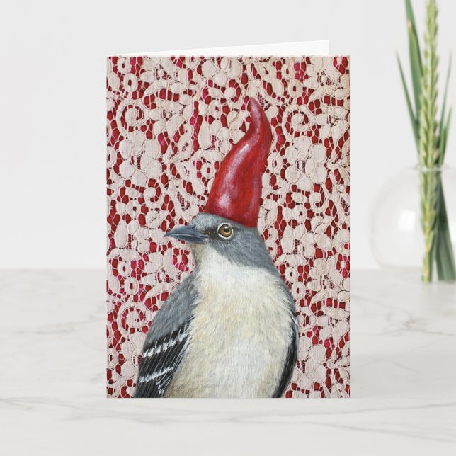 Tarjeta de Navidades de encaje Mockingbird gnome (Anverso)