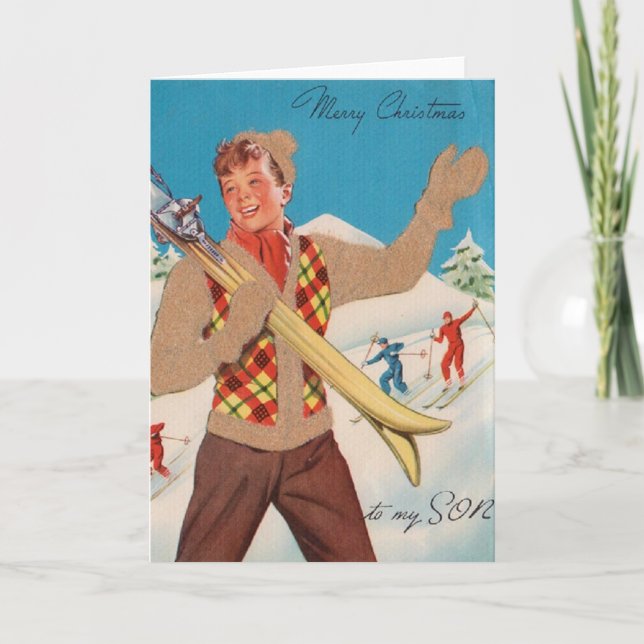 Tarjeta de Navidades de esquí retro para hijo (Anverso)