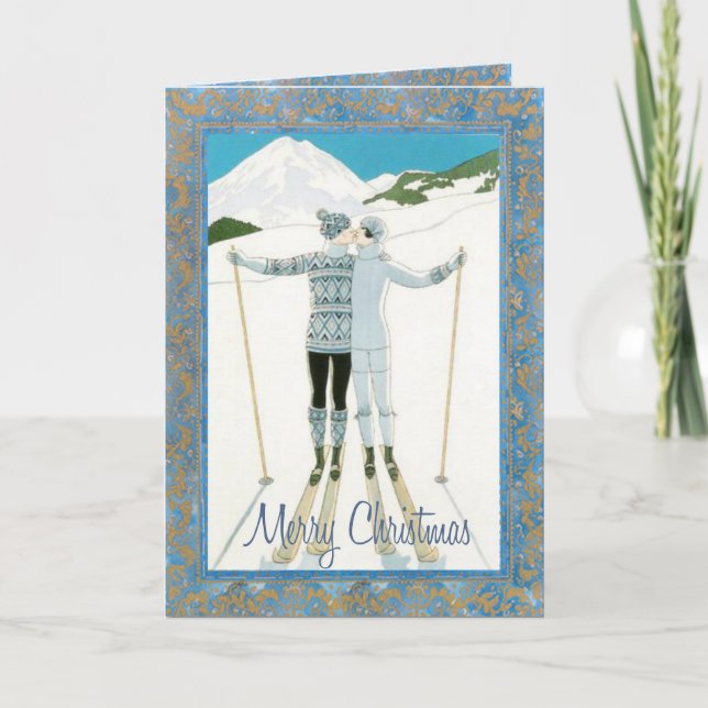 Tarjeta de Navidades de esquiadores enamorados (Anverso)