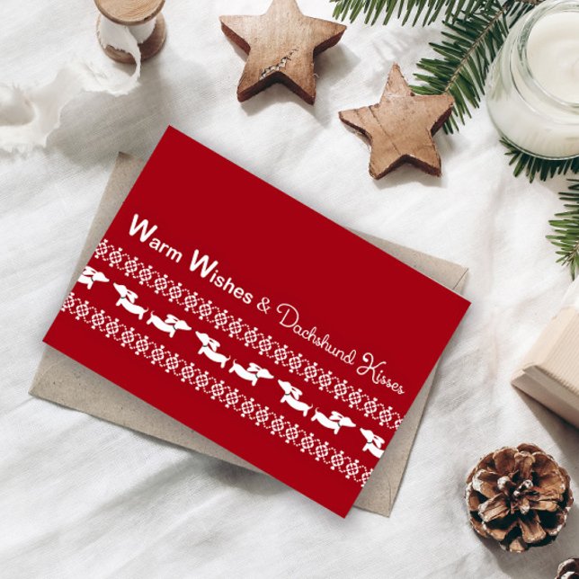 Tarjeta de Navidades de Fair Isle Ugly Sweater Dac (Warm wishes & Dachshund Kisses Christmas Card)