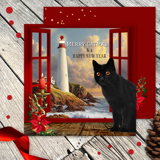 Tarjeta de Navidades de faro de gato lindo (Cute black cat Christmas and New Year card with a room with a view of  a lighthouse and ocean)