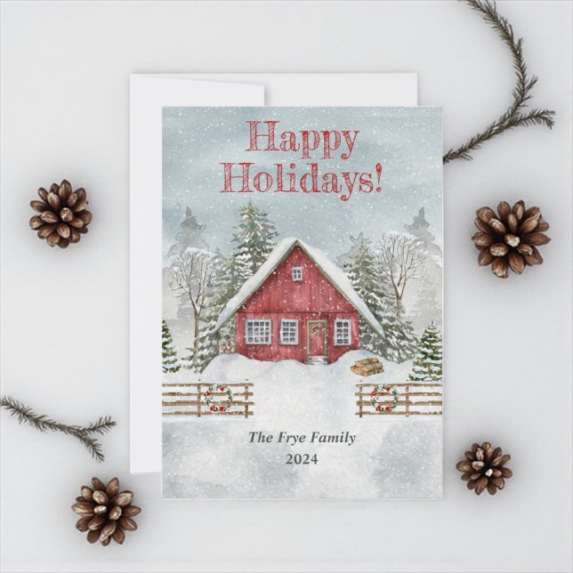 Tarjeta de Navidades de felicitación navideña pers (Happy holidays greeting cards with red winter cottage)