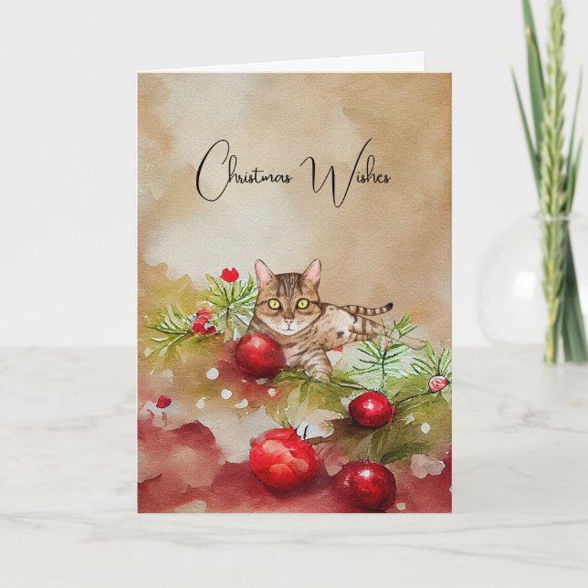 Tarjeta de Navidades de felino con ornamentos (Anverso)