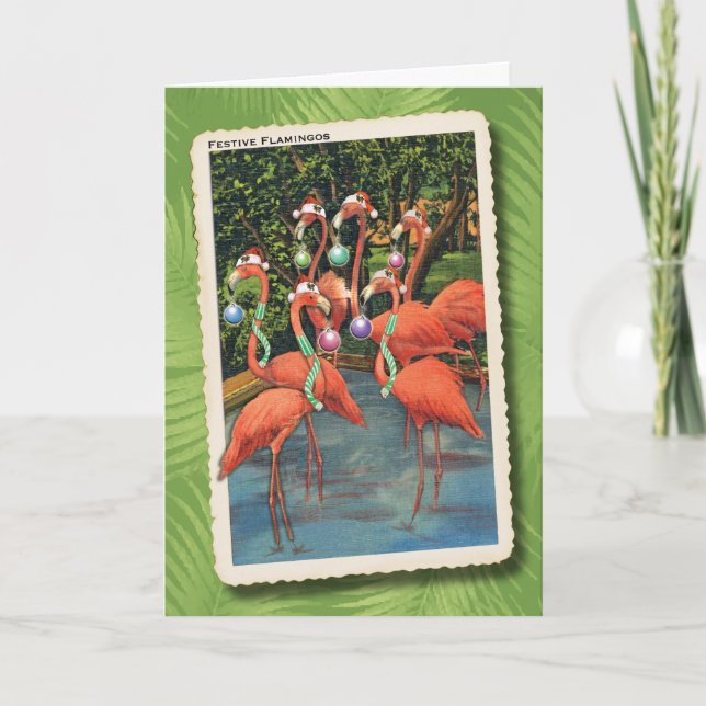 Tarjeta de Navidades de Flamingos festivos (Anverso)